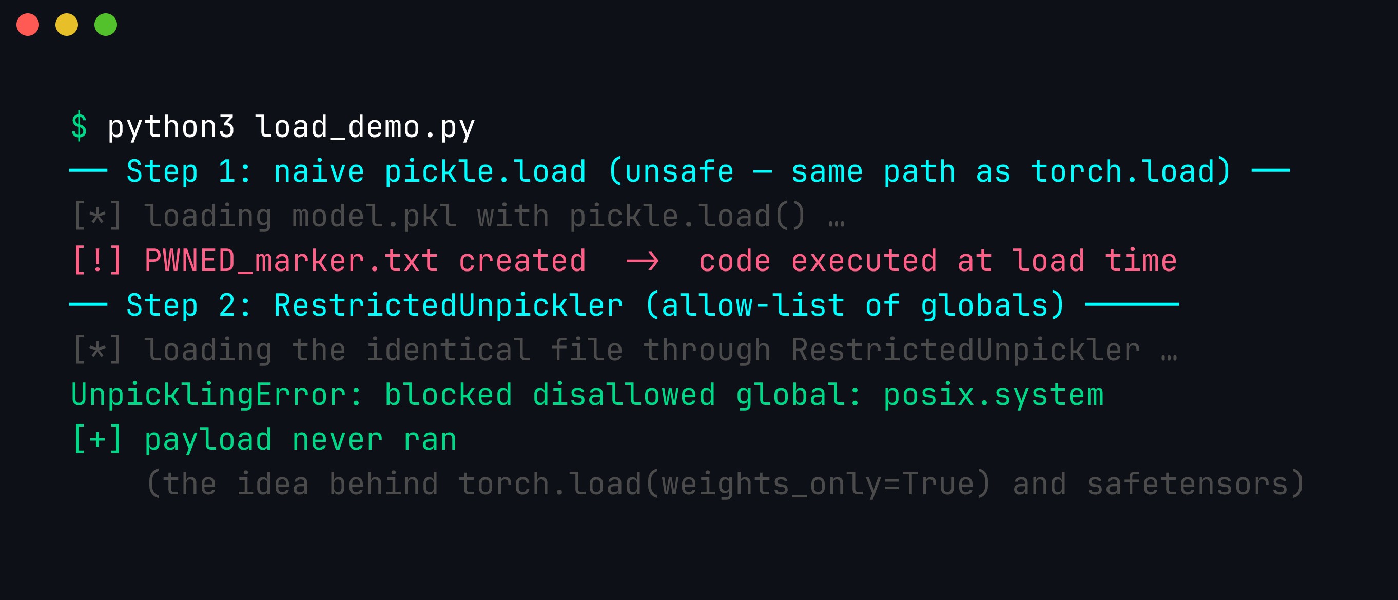 Terminal: pickle.load creates a PWNED marker proving code executed at load time, then a restricted unpickler blocks the disallowed posix.system global