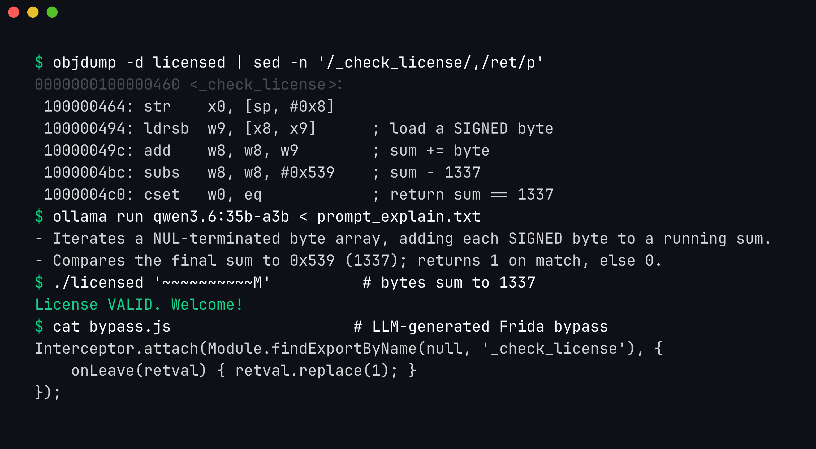 Terminal: objdump disassembly of check_license, a local LLM explaining that it sums the key's bytes and compares to 0x539/1337, a forged key that validates, and an LLM-generated Frida hook that forces the check to return 1