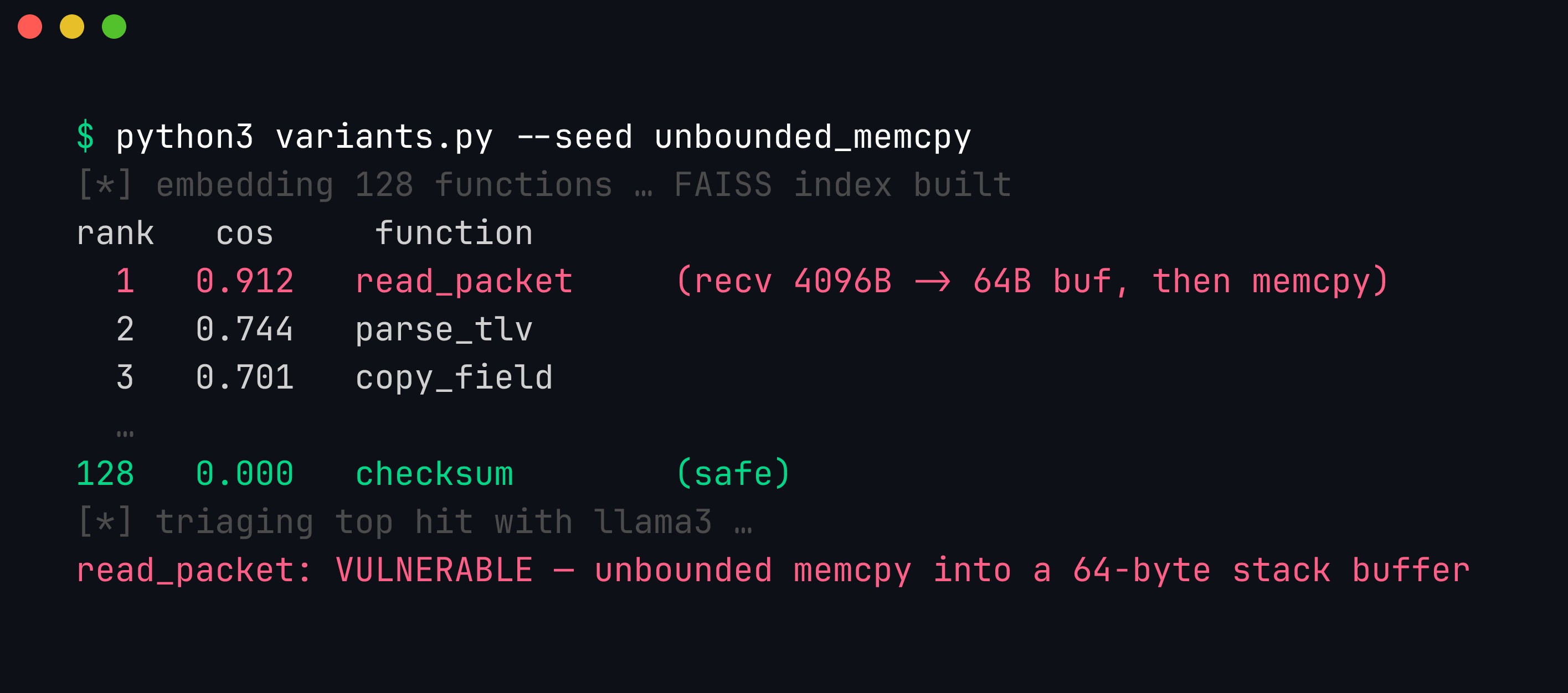 Terminal: variants.py ranking functions by similarity to a vulnerable pattern — read_packet ranks highest, and a local LLM triages it as VULNERABLE with a correct explanation of the unbounded memcpy