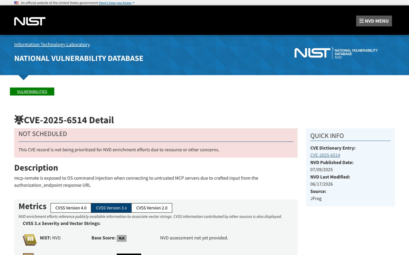 NVD entry for CVE-2025-6514: "mcp-remote is exposed to OS command injection when connecting to untrusted MCP servers due to crafted input from the authorization_endpoint response URL"