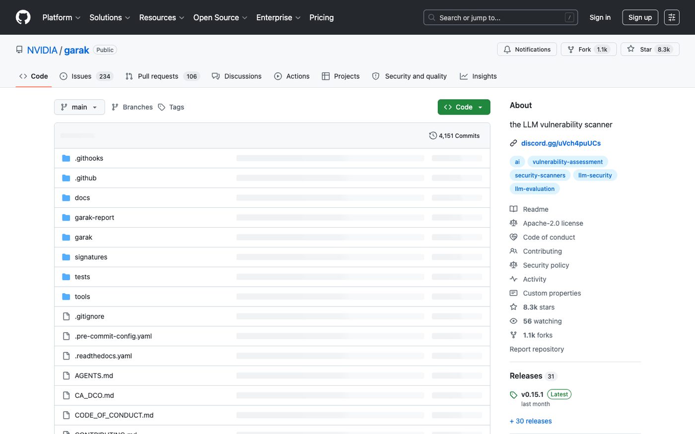NVIDIA/garak on GitHub — "the LLM vulnerability scanner"