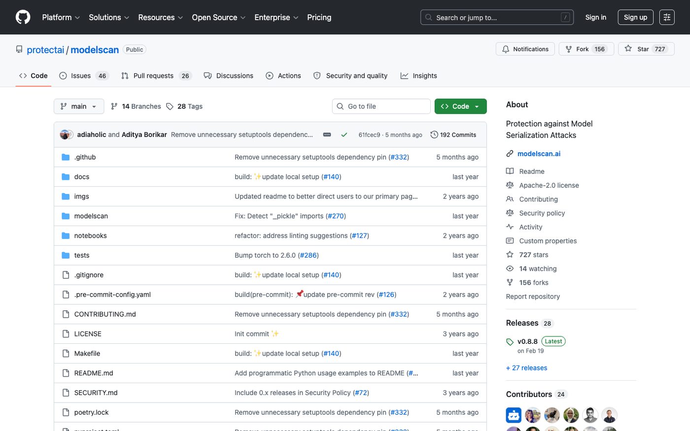 Protect AI's ModelScan on GitHub — "Protection against Model Serialization Attacks"