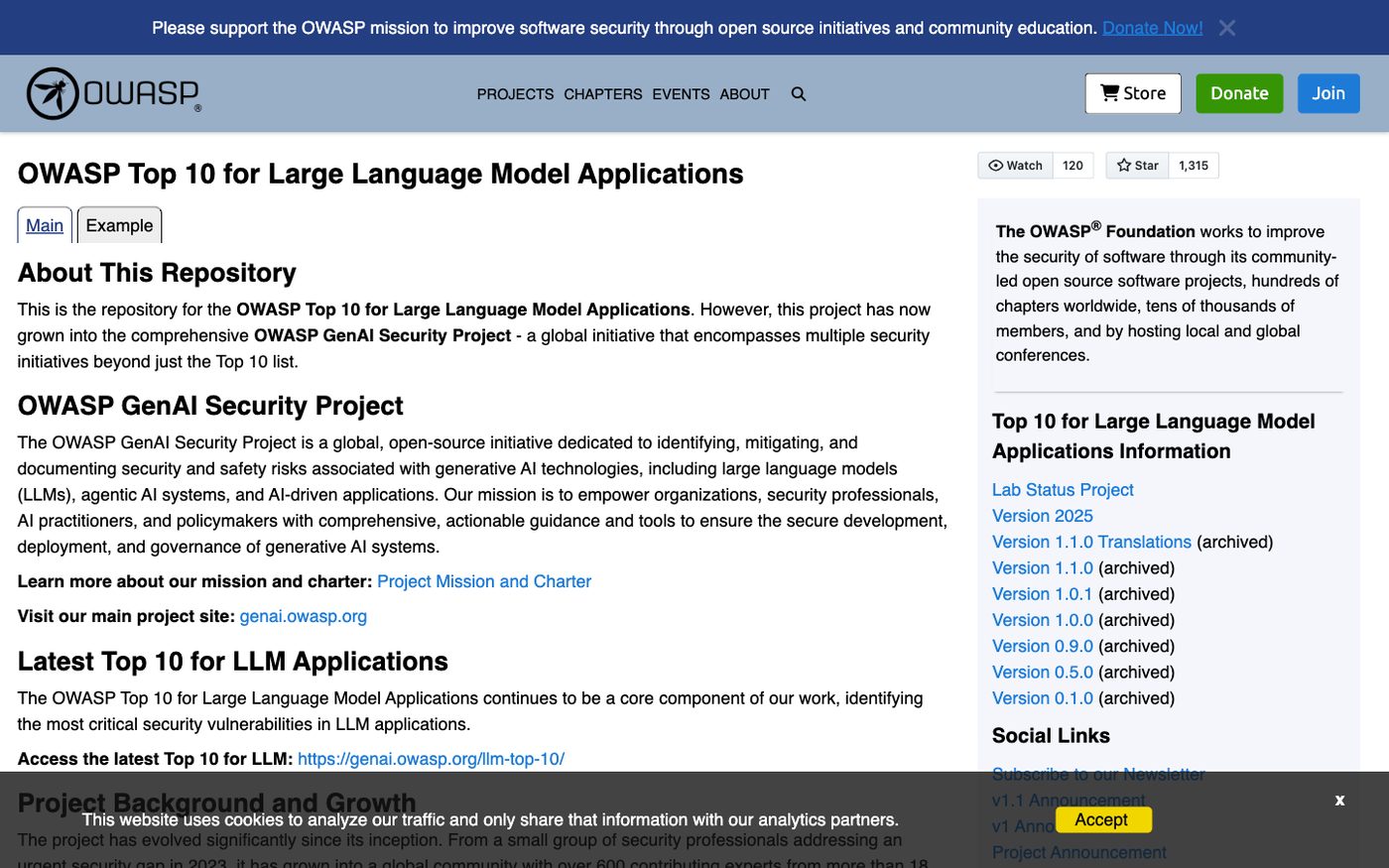 OWASP Top 10 for Large Language Model Applications — the project page listing LLM01: Prompt Injection as the top risk