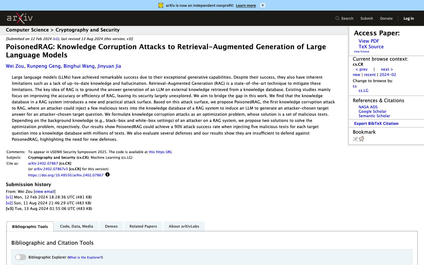 The PoisonedRAG paper on arXiv: "PoisonedRAG: Knowledge Corruption Attacks to Retrieval-Augmented Generation of Large Language Models"