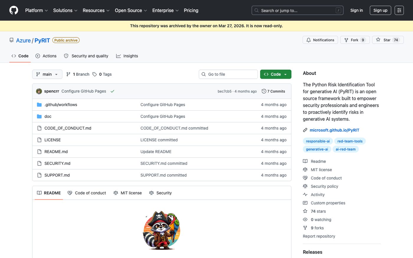 Azure/PyRIT on GitHub — the Python Risk Identification Tool for generative AI
