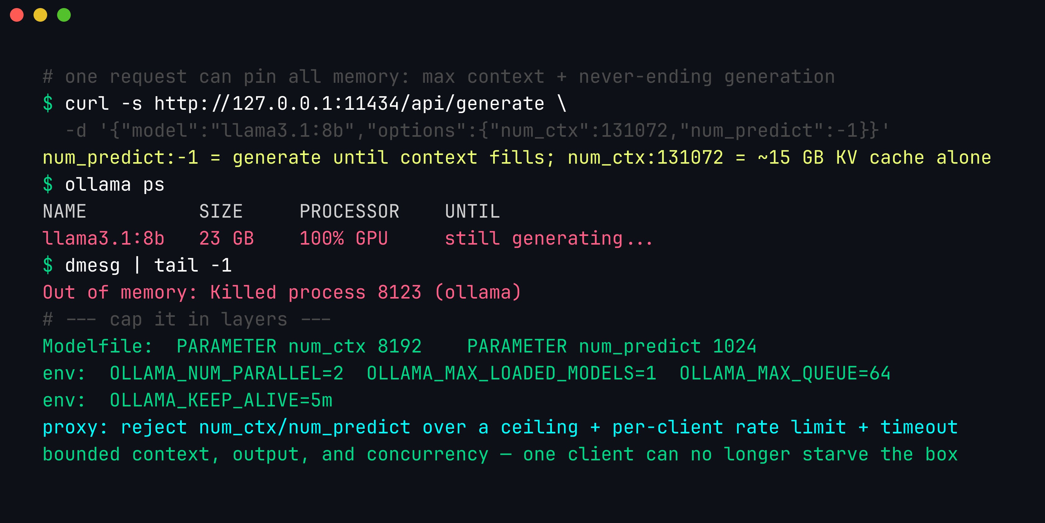 Terminal: a single Ollama request with num_ctx 131072 and num_predict -1 exhausting memory and triggering the OOM killer, followed by Modelfile and environment settings that cap context, output, concurrency, and keep-alive