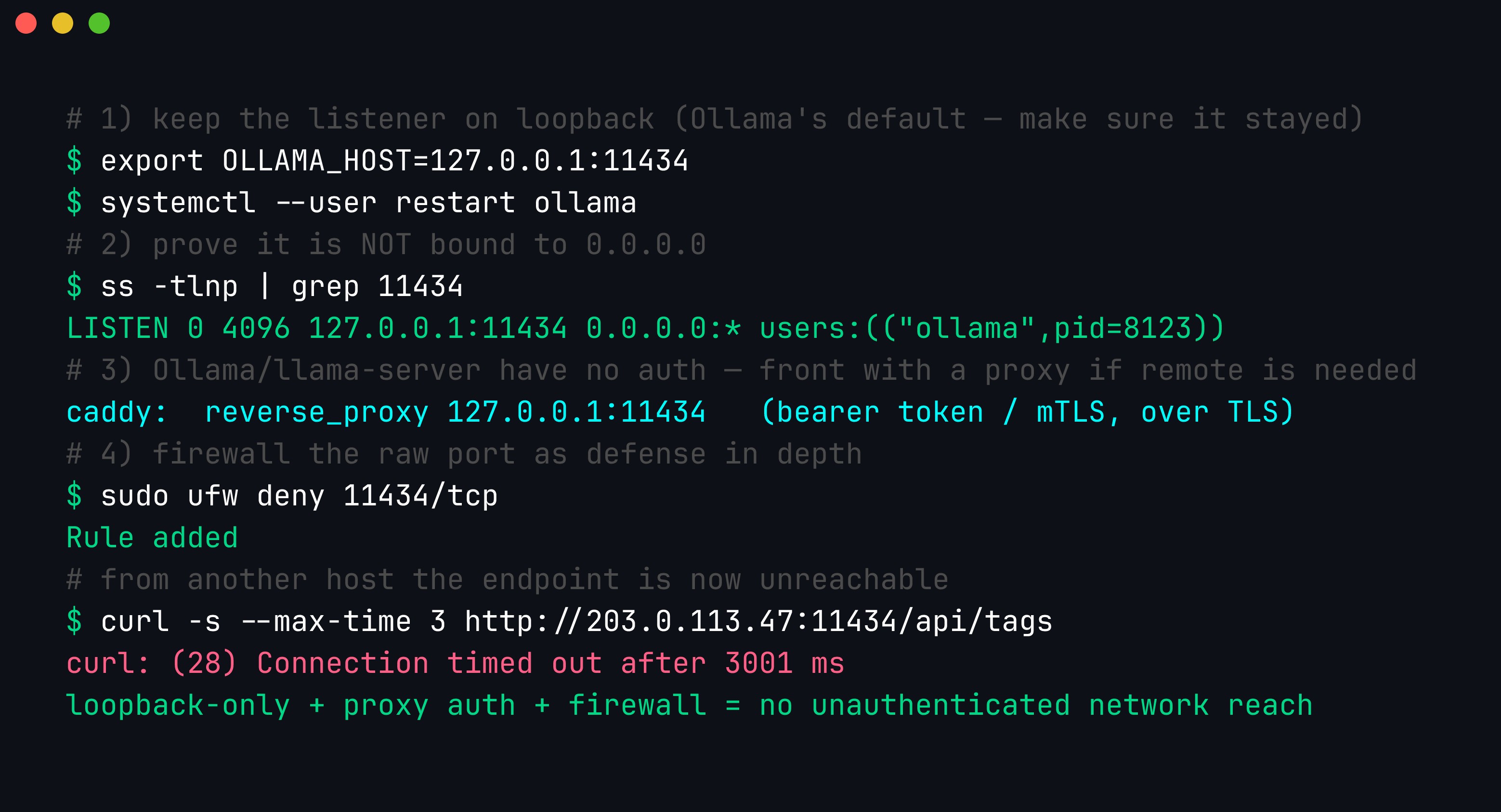 Terminal: binding Ollama to 127.0.0.1, verifying with ss that it only listens on loopback, adding an authenticated reverse proxy and a firewall rule