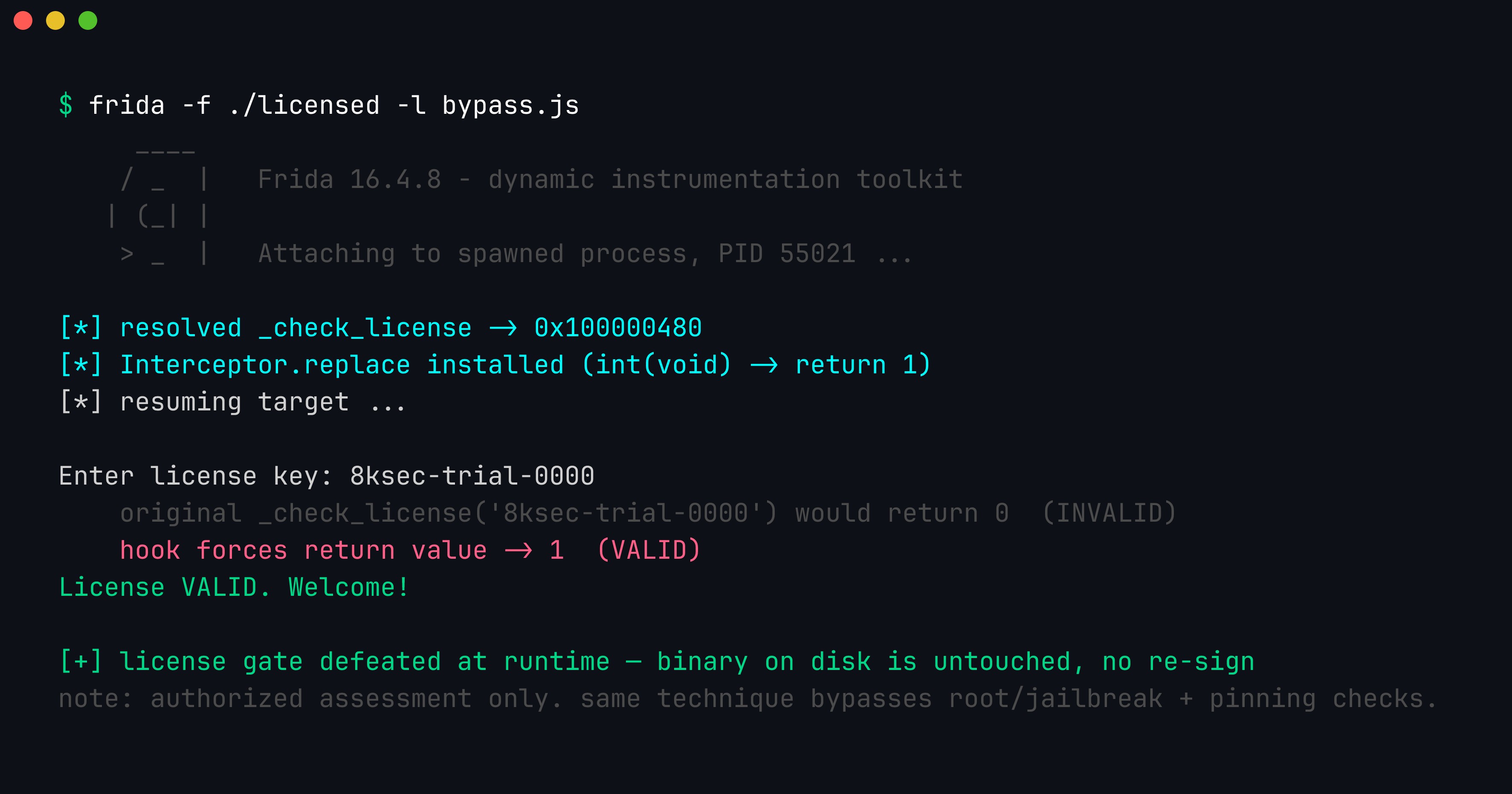 Terminal: frida spawning ./licensed with bypass.js, resolving _check_license to 0x100000480, installing an Interceptor.replace that forces the return value to 1, and the program printing License VALID for a key that should have been rejected