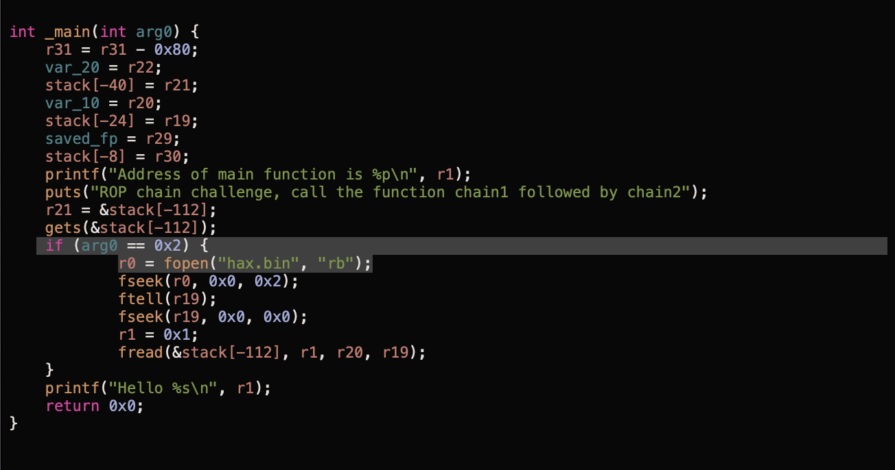 Hopper disassembly of rop main function showing hax.bin file read