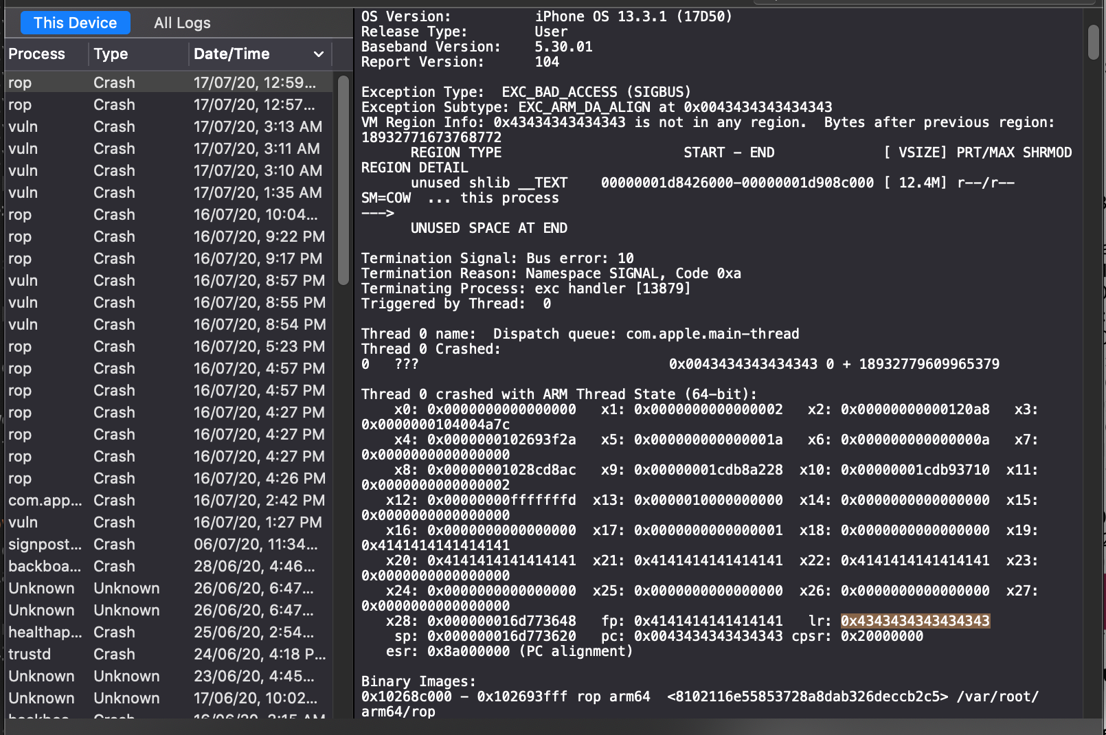 Crash log detail showing overwritten link register value