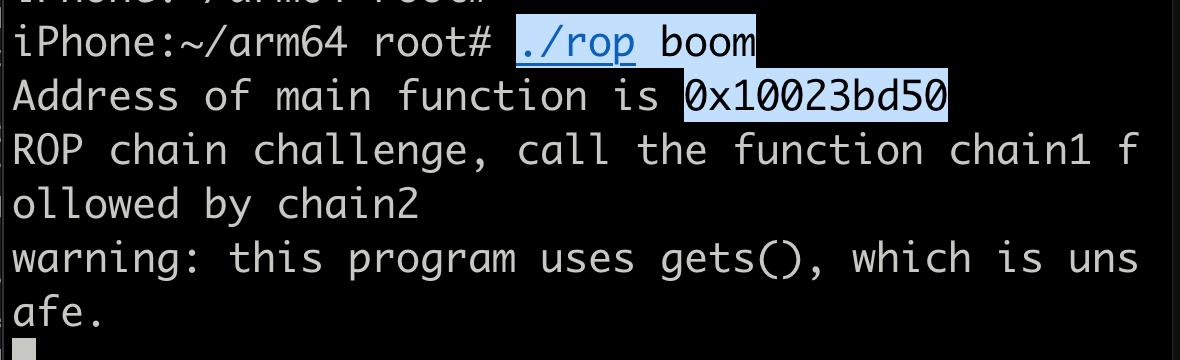 Terminal showing new main function address for ASLR slide calculation