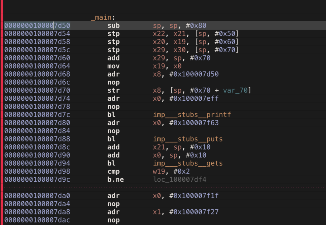 Hopper showing main function base address in rop binary