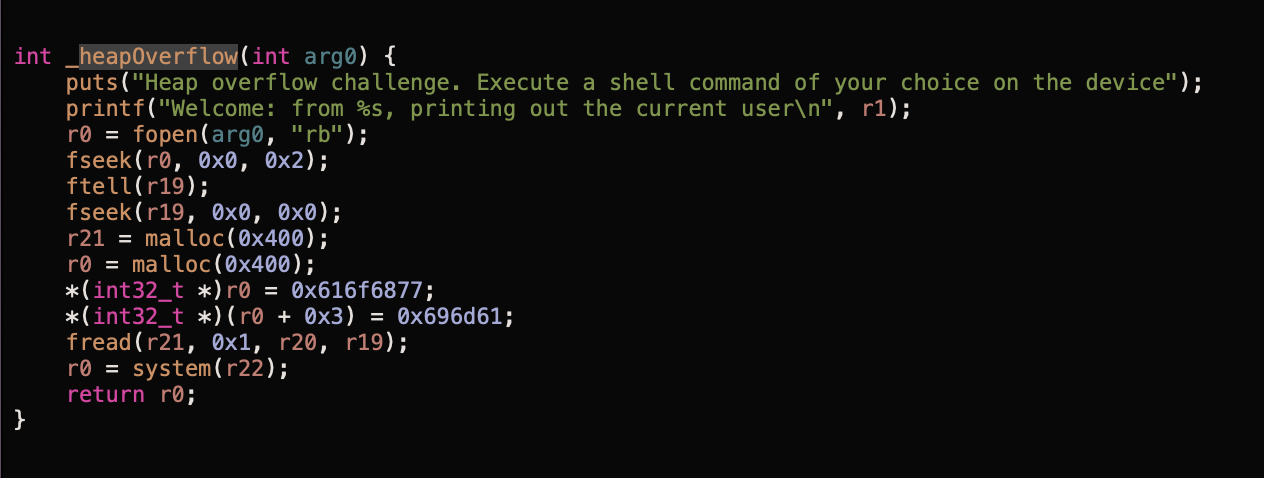 Hopper pseudocode of heapOverflow function with fread and system calls
