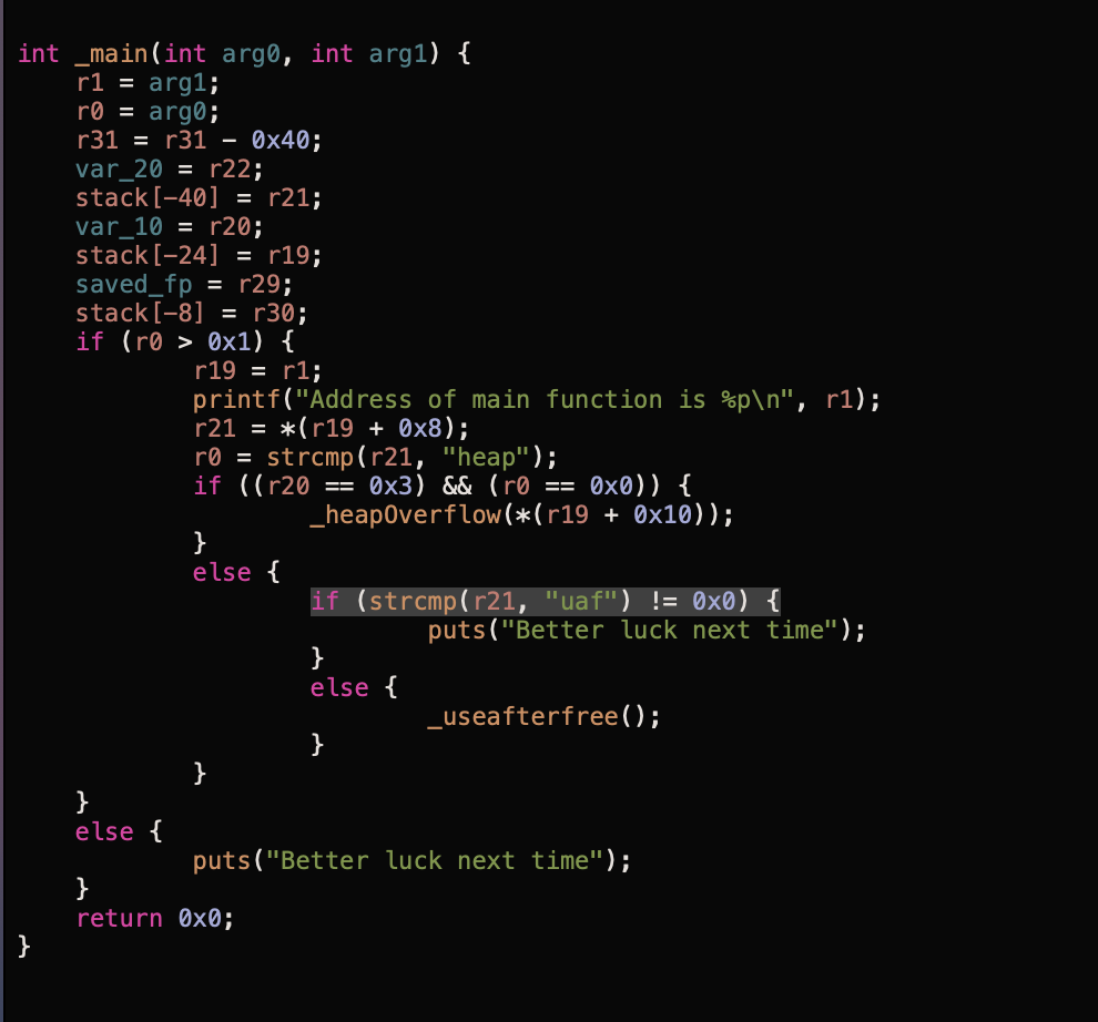 Hopper disassembly of main function showing uaf argument branch
