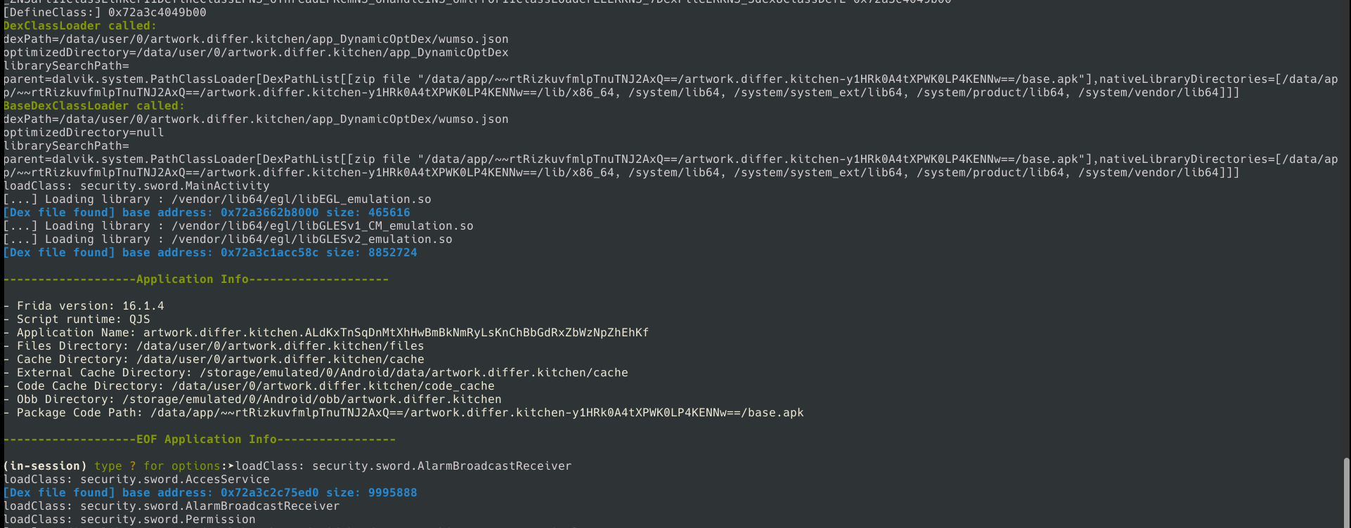 Medusa dynamic analysis output showing DexClassLoader loading wumso.json