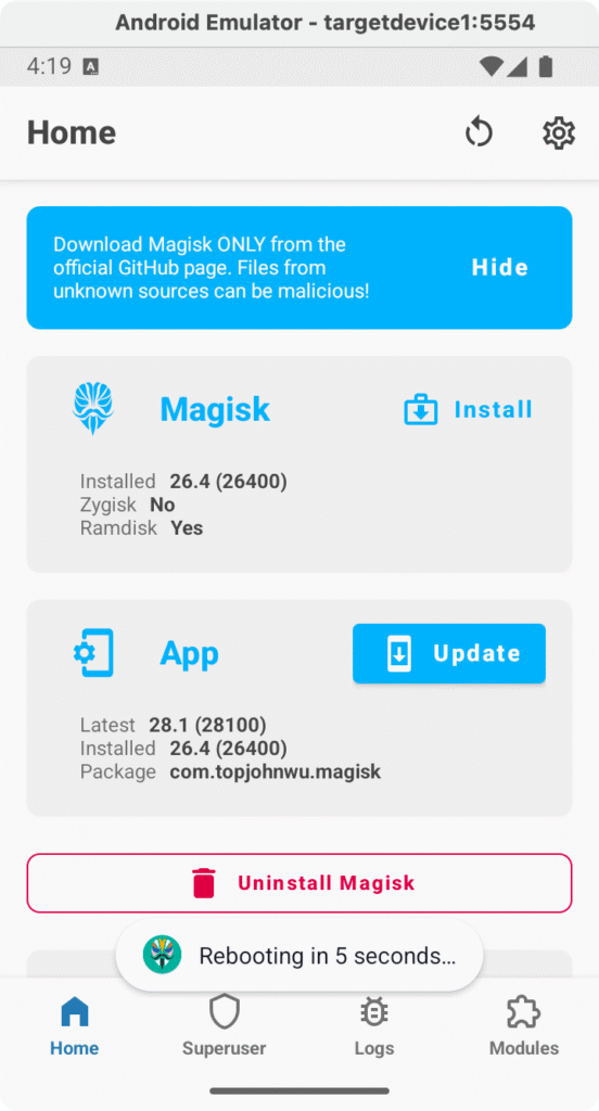 Magisk setup rebooting
