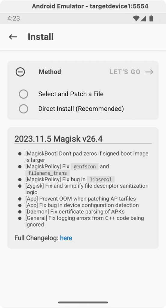 Direct Install selected