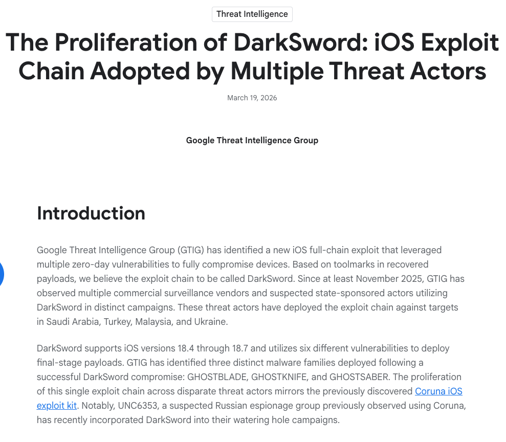 Screenshot of the top of Google Cloud Threat Intelligence Group's public disclosure of DarkSword — showing the article title, authors, and publication date
