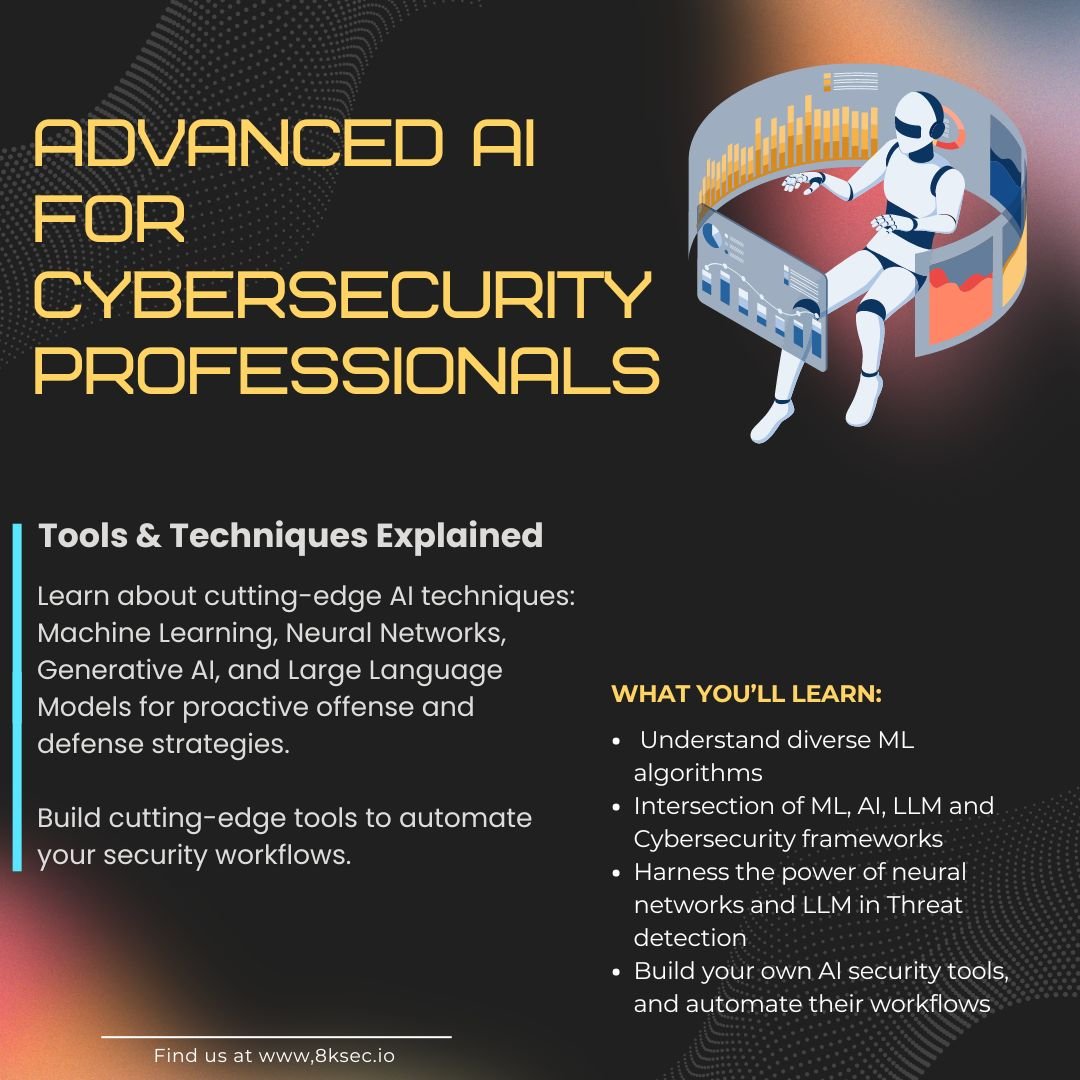 Banner for 'Advanced AI for Cybersecurity Professionals' training by 8kSec. Covers AI techniques like machine learning, neural networks, and large language models for security automation.