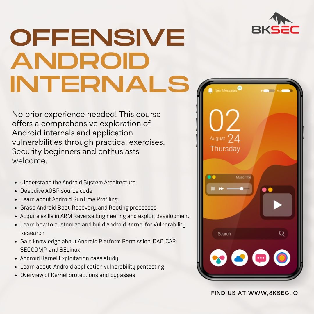 Banner for 'Offensive Android Internals' training by 8kSec. Explores Android internals, system architecture, runtime profiling, and reverse engineering for beginners.