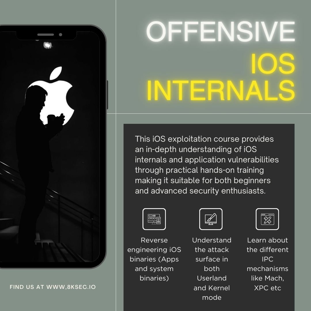 Banner for 'Offensive iOS Internals' training by 8kSec. In-depth course on iOS internals, reverse engineering, attack surfaces, and IPC mechanisms for all skill levels.