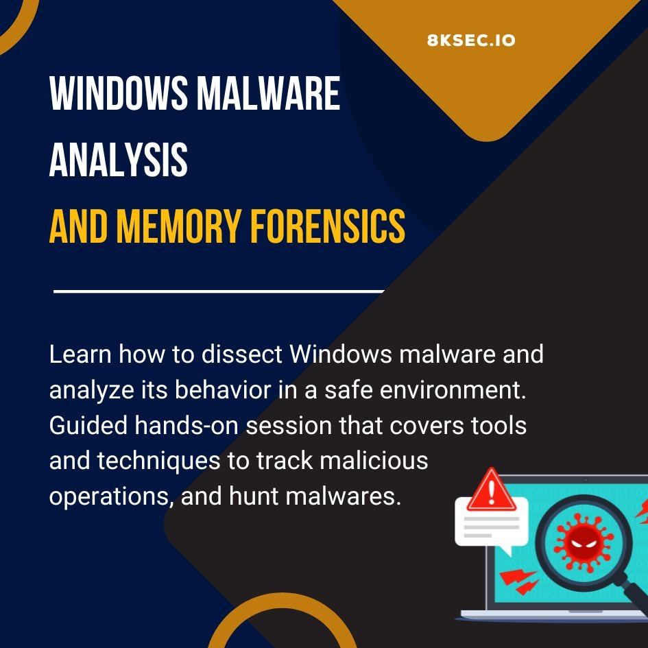 Banner for 'Windows Malware Analysis and Memory Forensics' training by 8kSec. Learn to analyze Windows malware, track malicious operations, and conduct memory forensics.